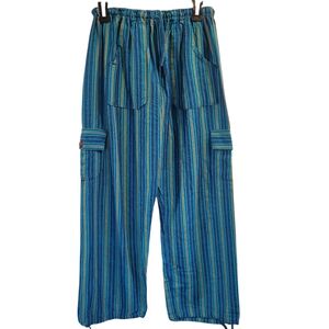 Vintage Blue Yellow Stripe Cargo Boho Hippy Pants